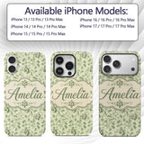 Classic Green Floral Damask Seamless Pattern Custom Name Protective Phone Case Mobile Cover Durable Everyday Smartphone Shock Resistant
