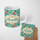 Personalized Custom Name Popcorn Buckets and Kernels Fun Snack Seamless Pattern Teal Lovely 11oz Ceramic Coffee Tea Mug White Large Handle