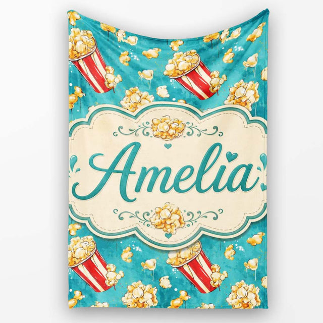 Popcorn Buckets and Kernels Fun Snack Seamless Pattern Teal Lovely  Personalised Custom Name Super Soft Fleece Blanket Bed Sofa Throw