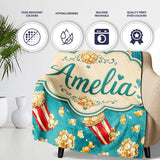 Popcorn Buckets and Kernels Fun Snack Seamless Pattern Teal Lovely  Personalised Custom Name Super Soft Fleece Blanket Bed Sofa Throw