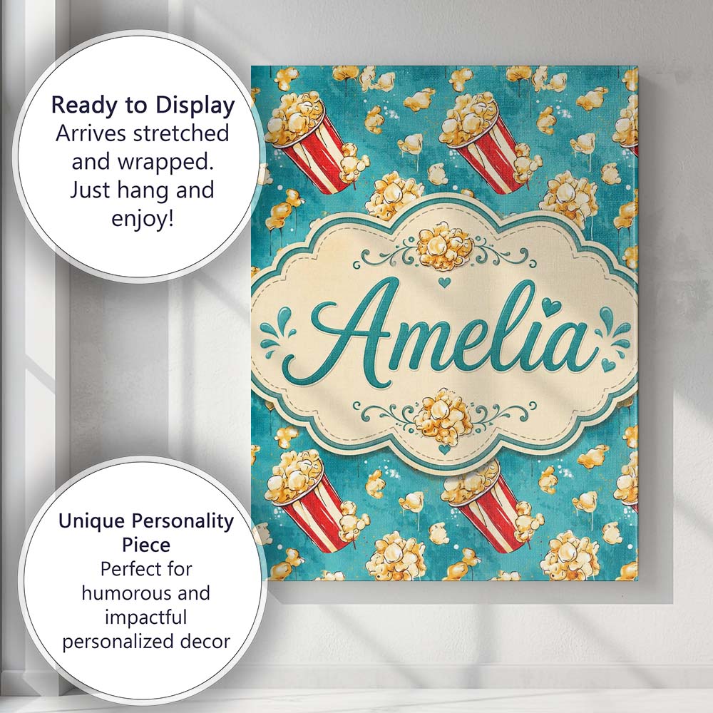 Personalised Name Popcorn Buckets and Custom Modern Room Accent Creative Decorator Style Canvas Wall Art Print Decor Picture Ready to Hang