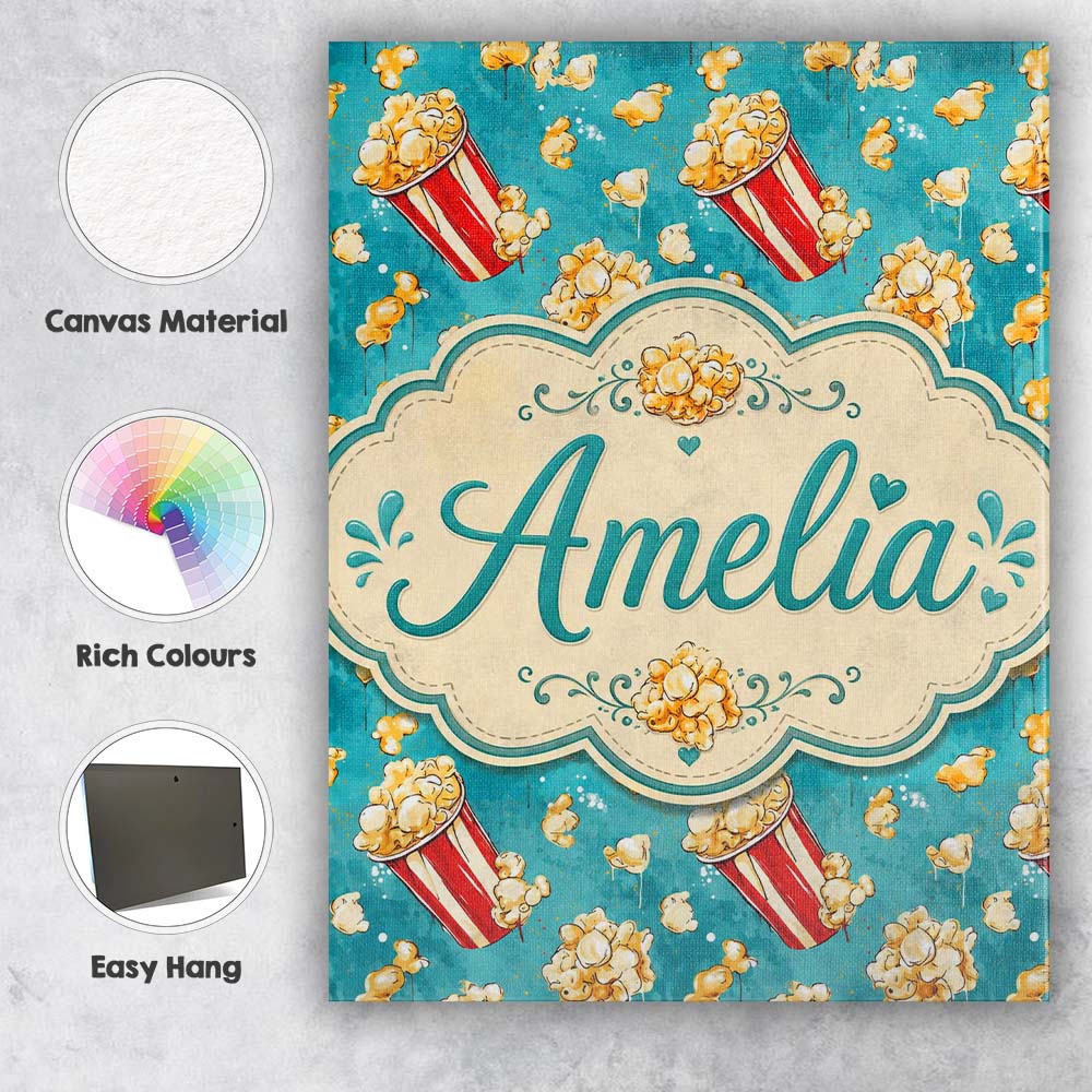 Personalised Name Popcorn Buckets and Custom Modern Room Accent Creative Decorator Style Canvas Wall Art Print Decor Picture Ready to Hang