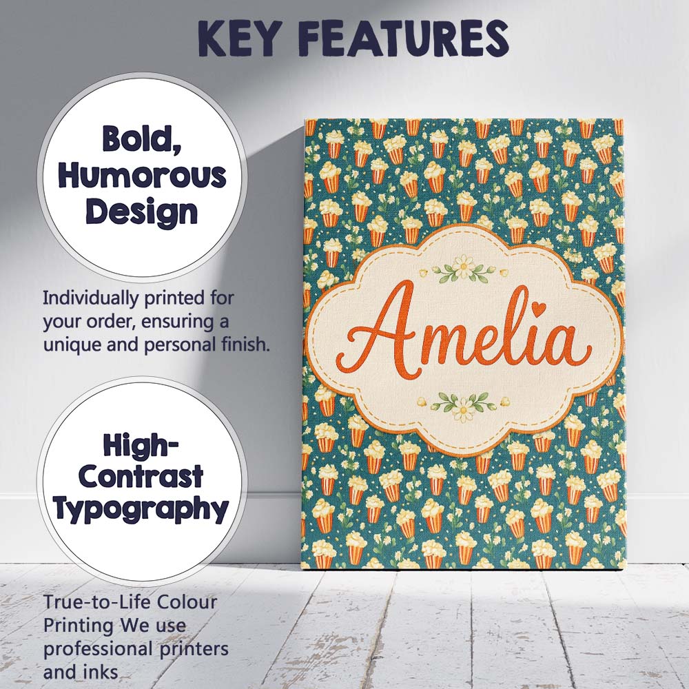 Personalised Name Popcorn Buckets and Custom Modern Room Accent Creative Decorator Style Canvas Wall Art Print Decor Picture Ready to Hang