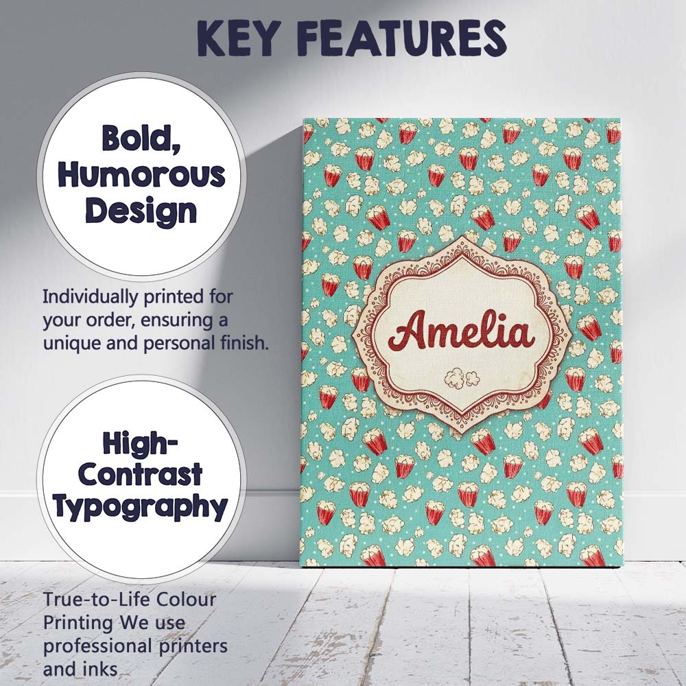 Personalised Name Popcorn Buckets and Custom Modern Room Accent Creative Decorator Style Canvas Wall Art Print Decor Picture Ready to Hang