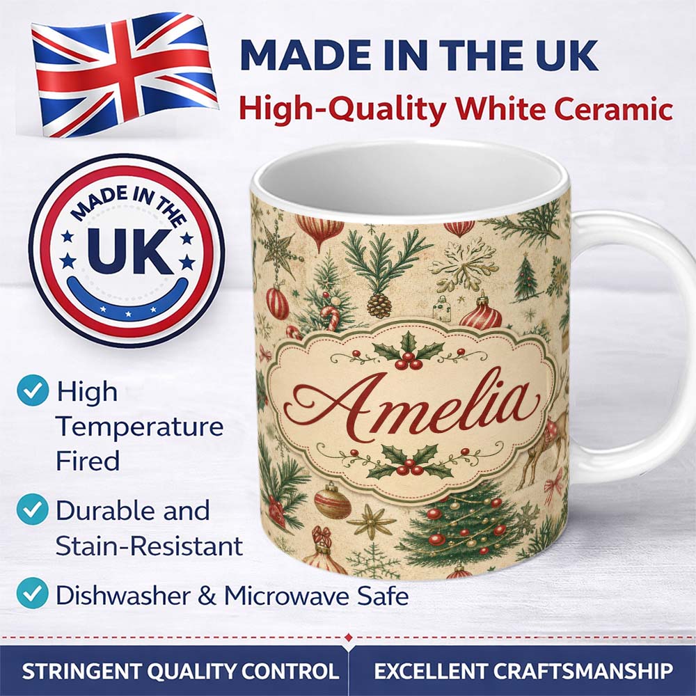 Personalized Custom Name Vintage Woodland Christmas Tree Animals Ornaments Holiday Design 11oz Ceramic Coffee Tea Mug White Large Handle