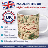 Personalized Custom Name Vintage Woodland Christmas Tree Animals Ornaments Holiday Design 11oz Ceramic Coffee Tea Mug White Large Handle