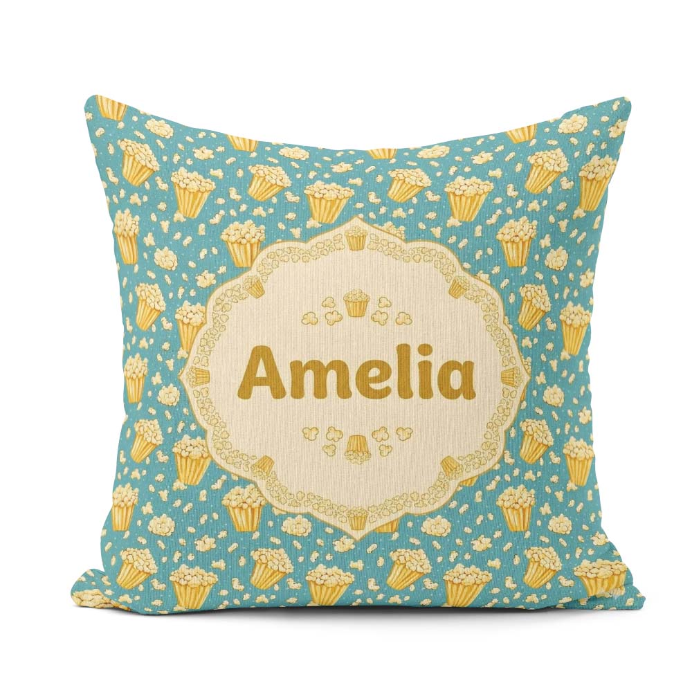 Custom Name Golden Popcorn Buckets and Scattered Kernels on Blue Square Filled Cushion Throw Pillow Sofa Bed Home Decor Zip Washable UK Made