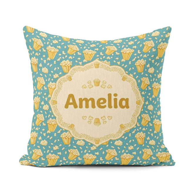 Custom Name Golden Popcorn Buckets and Scattered Kernels on Blue Square Filled Cushion Throw Pillow Sofa Bed Home Decor Zip Washable UK Made