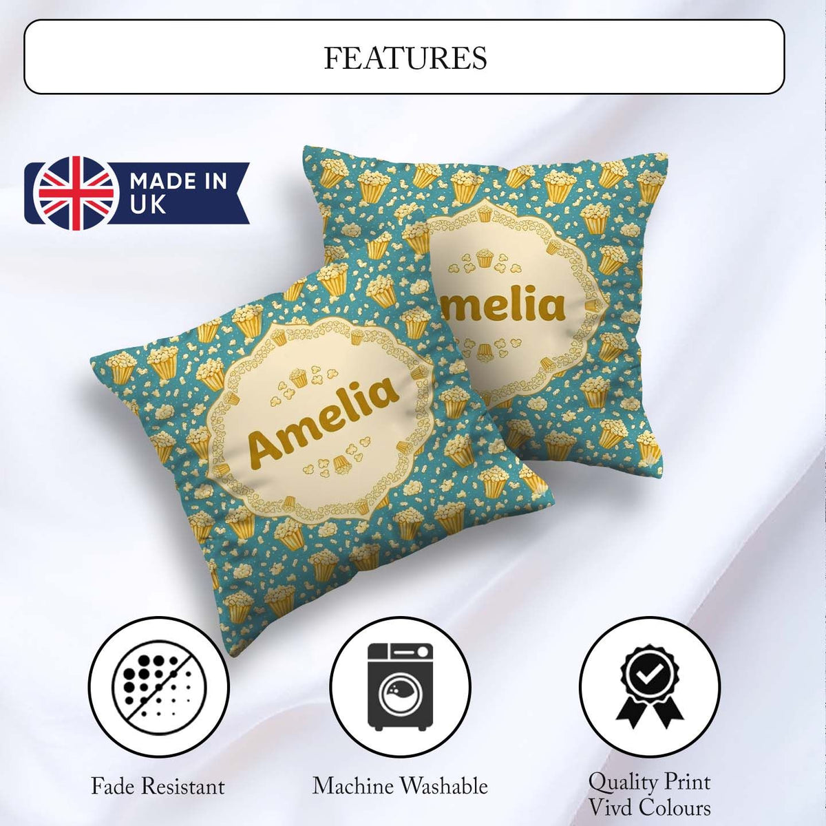 Custom Name Golden Popcorn Buckets and Scattered Kernels on Blue Square Filled Cushion Throw Pillow Sofa Bed Home Decor Zip Washable UK Made