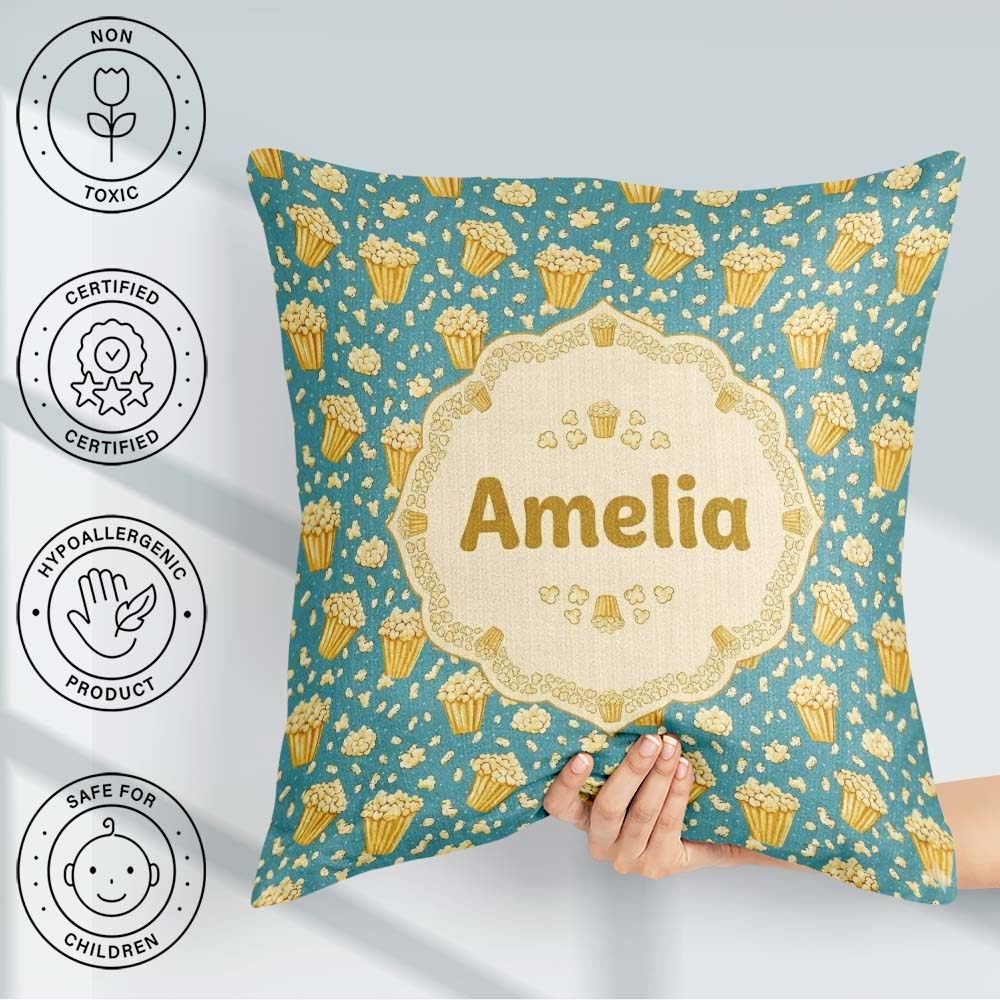 Custom Name Golden Popcorn Buckets and Scattered Kernels on Blue Square Filled Cushion Throw Pillow Sofa Bed Home Decor Zip Washable UK Made