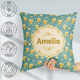 Custom Name Golden Popcorn Buckets and Scattered Kernels on Blue Square Filled Cushion Throw Pillow Sofa Bed Home Decor Zip Washable UK Made