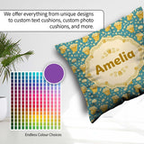 Custom Name Golden Popcorn Buckets and Scattered Kernels on Blue Square Filled Cushion Throw Pillow Sofa Bed Home Decor Zip Washable UK Made