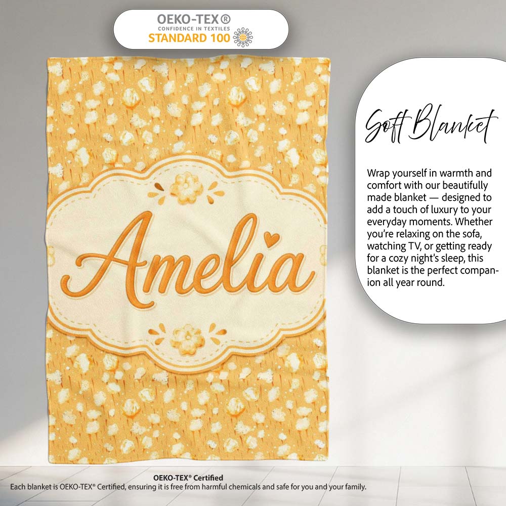 Light Butter Popcorn Pieces on Warm Yellow Background Seamless Food  Personalised Custom Name Super Soft Fleece Blanket Bed Sofa Throw