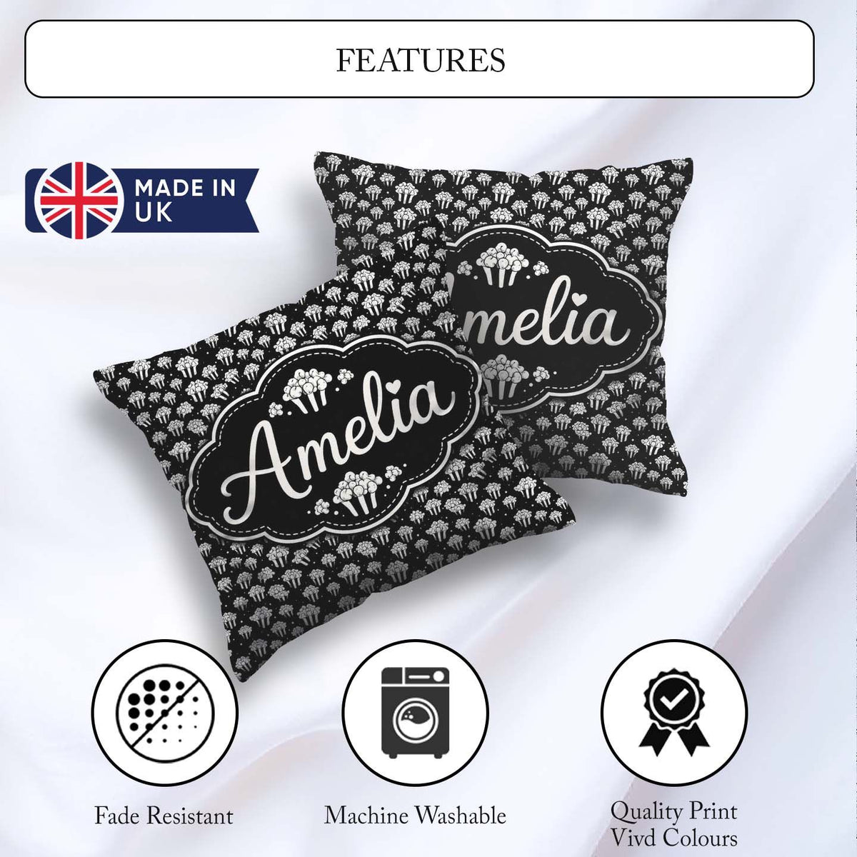 Custom Name Minimal Monochrome Popcorn Buckets on Black Seamless Square Filled Cushion Throw Pillow Sofa Bed Home Decor Zip Washable UK Made