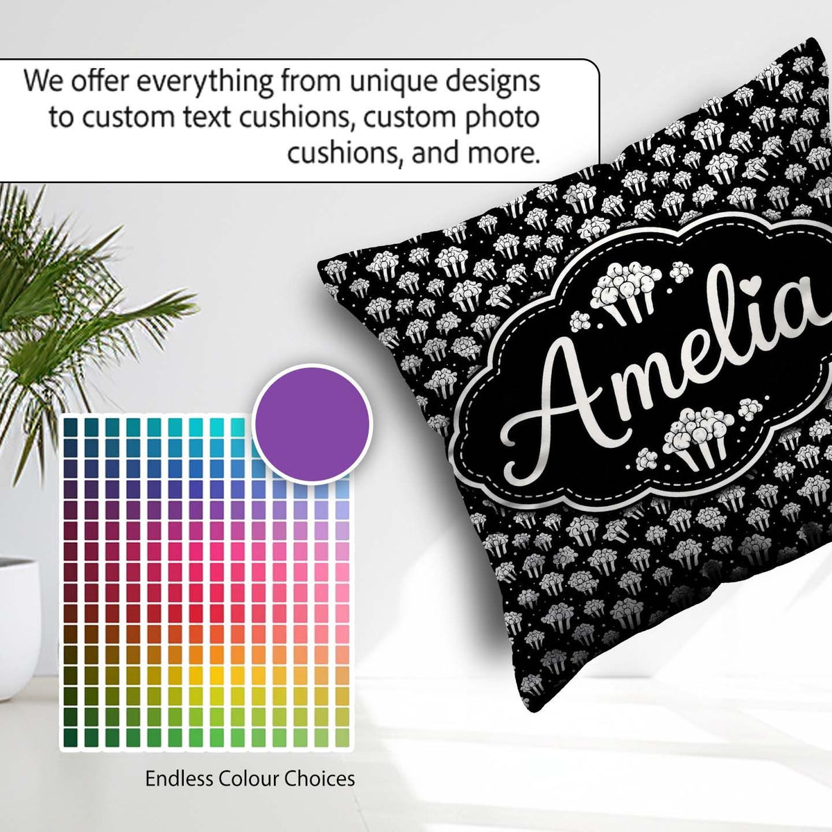 Custom Name Minimal Monochrome Popcorn Buckets on Black Seamless Square Filled Cushion Throw Pillow Sofa Bed Home Decor Zip Washable UK Made