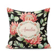 Custom Name Elegant Protea with Green Leaves on White Background Square Filled Cushion Throw Pillow Sofa Bed Home Decor Zip Washable UK Made