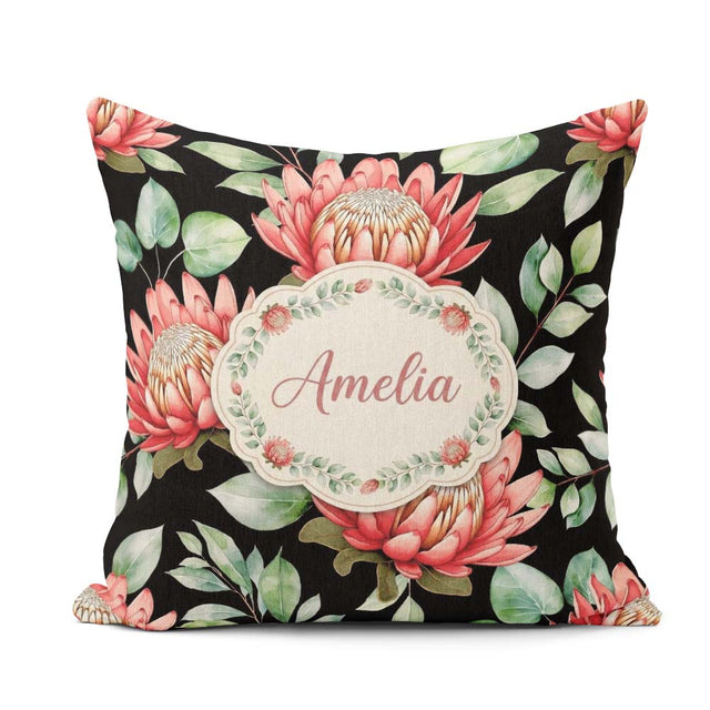Custom Name Elegant Protea with Green Leaves on White Background Square Filled Cushion Throw Pillow Sofa Bed Home Decor Zip Washable UK Made