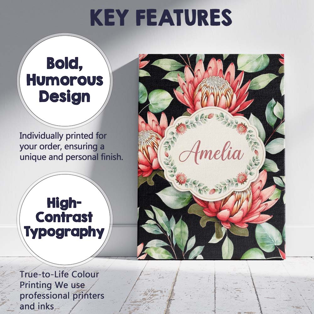 Personalised Name Elegant Protea Flowers Custom  Interior Decorative Contemporary Canvas Wall Art Print Decor Picture Ready to Hang
