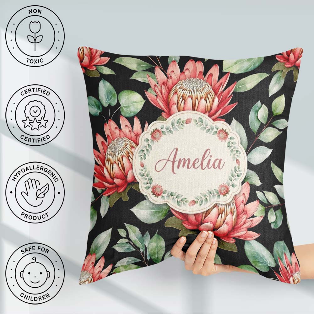 Custom Name Elegant Protea with Green Leaves on White Background Square Filled Cushion Throw Pillow Sofa Bed Home Decor Zip Washable UK Made