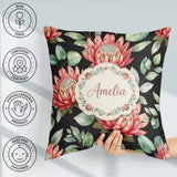 Custom Name Elegant Protea with Green Leaves on White Background Square Filled Cushion Throw Pillow Sofa Bed Home Decor Zip Washable UK Made