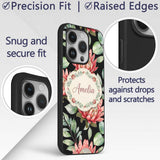 Elegant Protea Flowers with Green Leaves on White Custom Name Protective Phone Case Mobile Cover Durable Everyday Smartphone Shock Resistant
