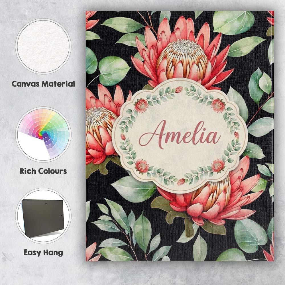 Personalised Name Elegant Protea Flowers Custom  Interior Decorative Contemporary Canvas Wall Art Print Decor Picture Ready to Hang