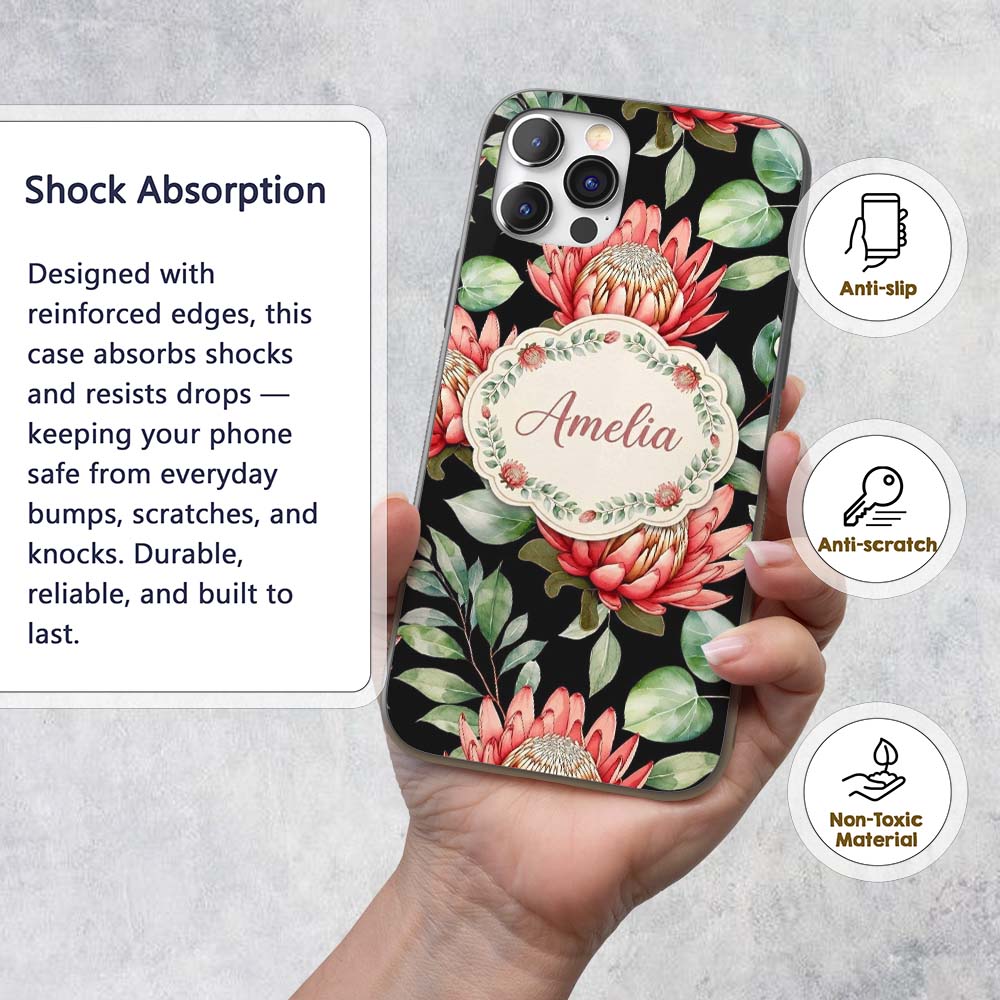 Elegant Protea Flowers with Green Leaves on White Custom Name Protective Phone Case Mobile Cover Durable Everyday Smartphone Shock Resistant