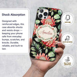 Elegant Protea Flowers with Green Leaves on White Custom Name Protective Phone Case Mobile Cover Durable Everyday Smartphone Shock Resistant