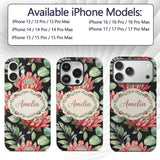 Elegant Protea Flowers with Green Leaves on White Custom Name Protective Phone Case Mobile Cover Durable Everyday Smartphone Shock Resistant