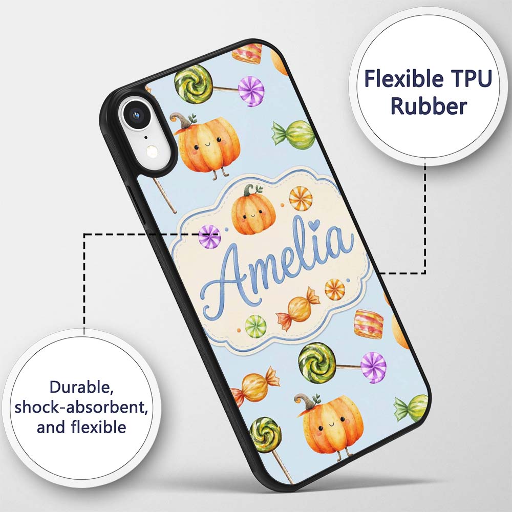 Cute Watercolor Pumpkins and Candy Sweets on Soft Custom Name Protective Phone Case Mobile Cover Durable Everyday Smartphone Shock Resistant