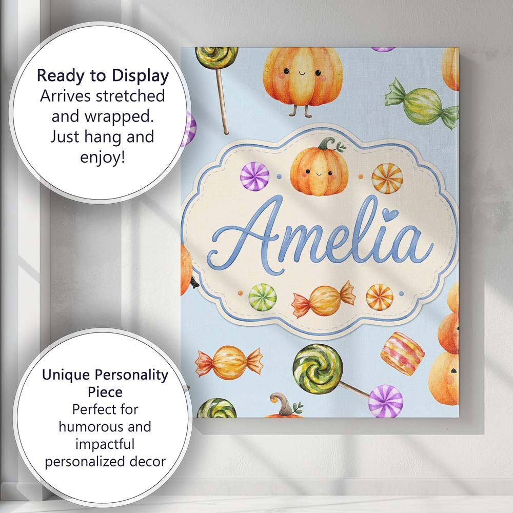 Personalised Name Cute Watercolor Pumpkins Custom  Unique Gift Idea Elegant Feature Canvas Wall Art Print Decor Picture Ready to Hang