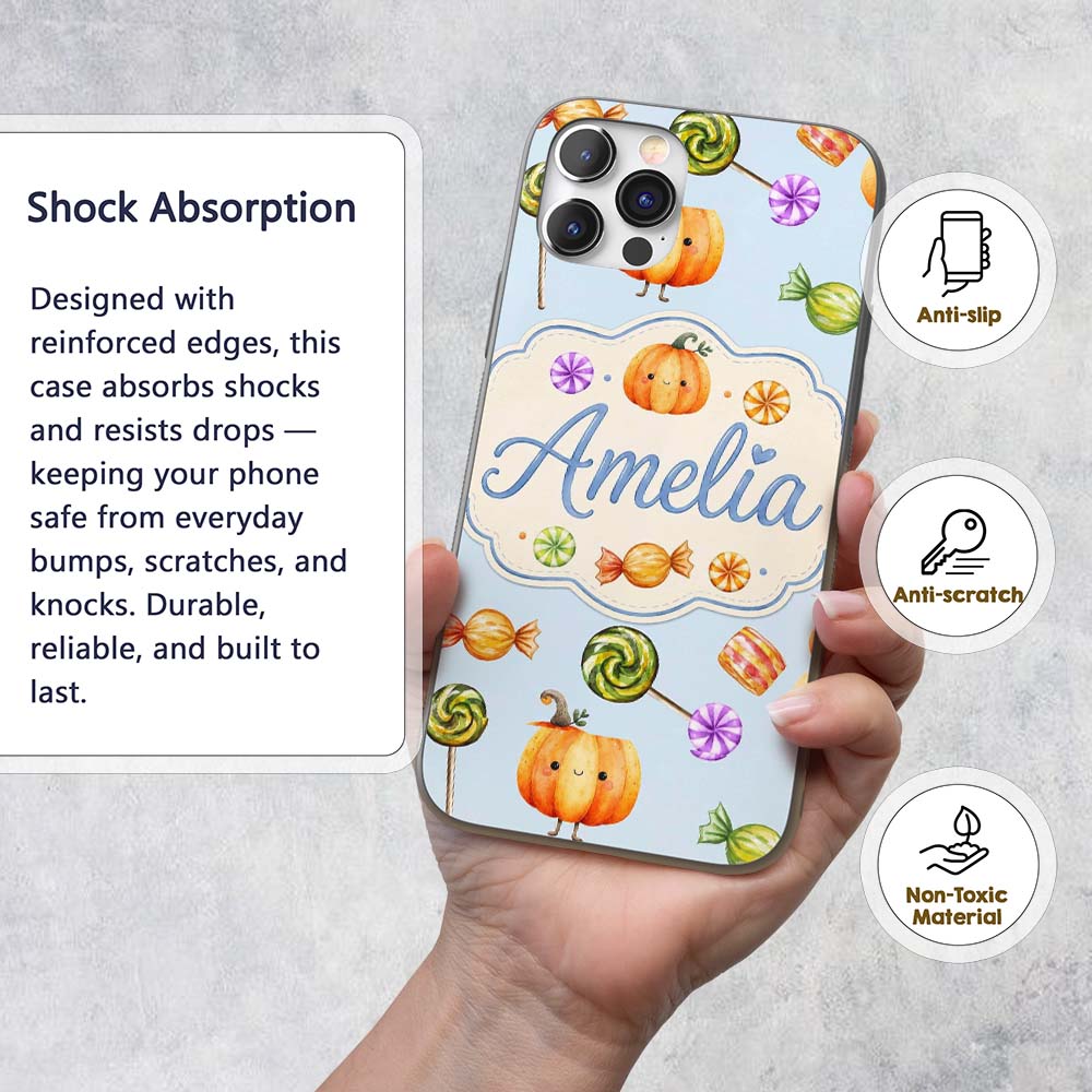 Cute Watercolor Pumpkins and Candy Sweets on Soft Custom Name Protective Phone Case Mobile Cover Durable Everyday Smartphone Shock Resistant