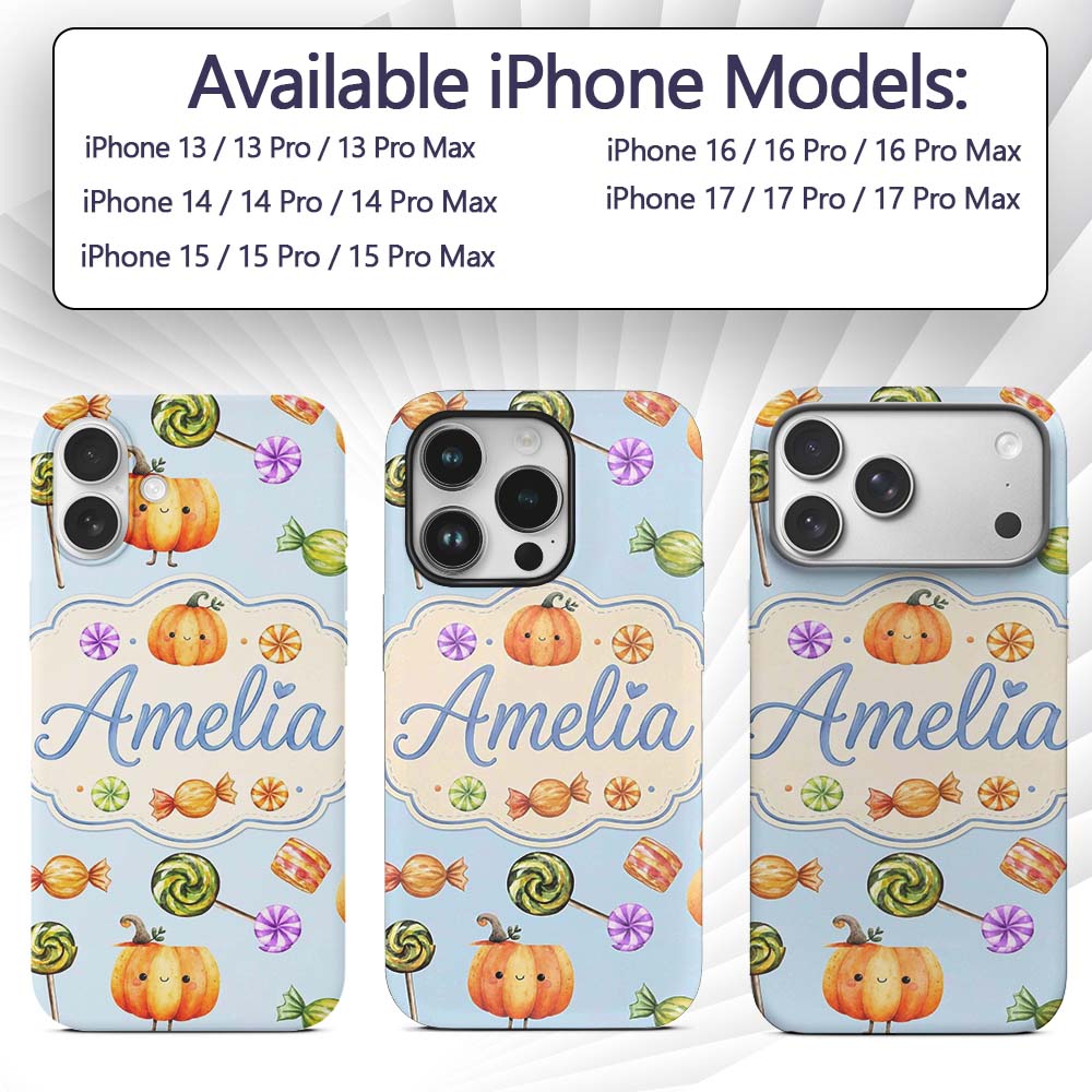 Cute Watercolor Pumpkins and Candy Sweets on Soft Custom Name Protective Phone Case Mobile Cover Durable Everyday Smartphone Shock Resistant