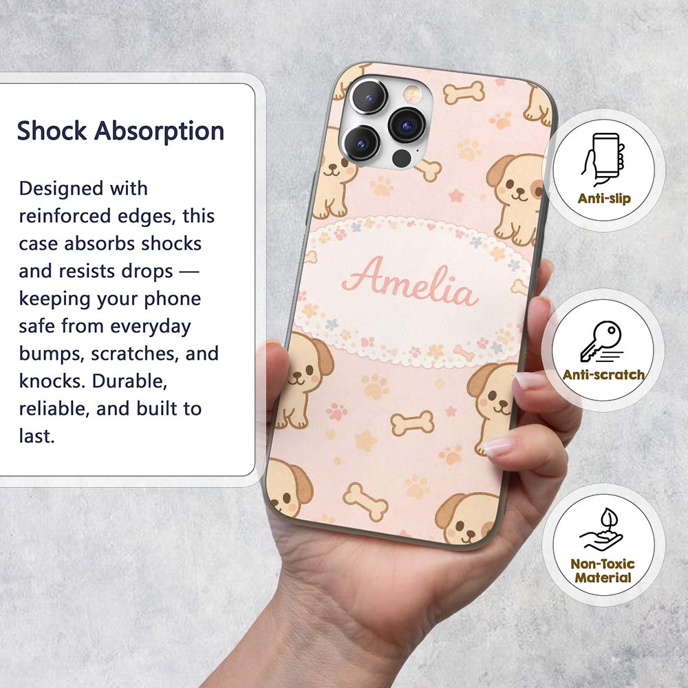 Cute Puppy Dog Cartoon Animal Printed Design Custom Name Protective Phone Case Mobile Cover Durable Everyday Smartphone Shock Resistant