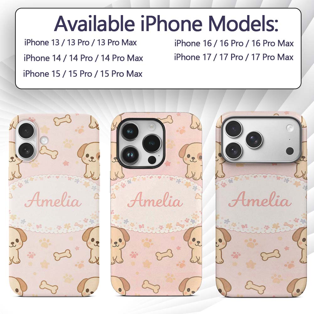 Cute Puppy Dog Cartoon Animal Printed Design Custom Name Protective Phone Case Mobile Cover Durable Everyday Smartphone Shock Resistant