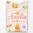 Cute Watercolor Pumpkins and Candy Sweets on Blush Pink Background  Personalised Custom Name Super Soft Fleece Blanket Bed Sofa Throw