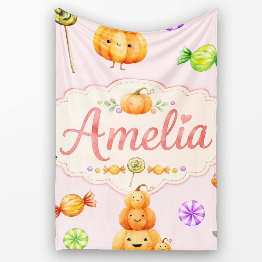 Cute Watercolor Pumpkins and Candy Sweets on Blush Pink Background  Personalised Custom Name Super Soft Fleece Blanket Bed Sofa Throw