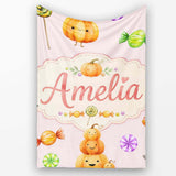Cute Watercolor Pumpkins and Candy Sweets on Blush Pink Background  Personalised Custom Name Super Soft Fleece Blanket Bed Sofa Throw
