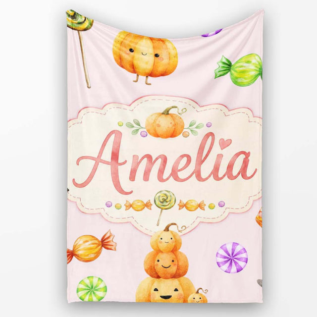 Cute Watercolor Pumpkins and Candy Sweets on Blush Pink Background  Personalised Custom Name Super Soft Fleece Blanket Bed Sofa Throw
