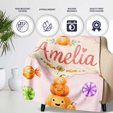 Cute Watercolor Pumpkins and Candy Sweets on Blush Pink Background  Personalised Custom Name Super Soft Fleece Blanket Bed Sofa Throw