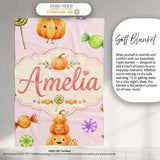 Cute Watercolor Pumpkins and Candy Sweets on Blush Pink Background  Personalised Custom Name Super Soft Fleece Blanket Bed Sofa Throw