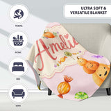 Cute Watercolor Pumpkins and Candy Sweets on Blush Pink Background  Personalised Custom Name Super Soft Fleece Blanket Bed Sofa Throw