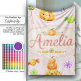 Cute Watercolor Pumpkins and Candy Sweets on Blush Pink Background  Personalised Custom Name Super Soft Fleece Blanket Bed Sofa Throw