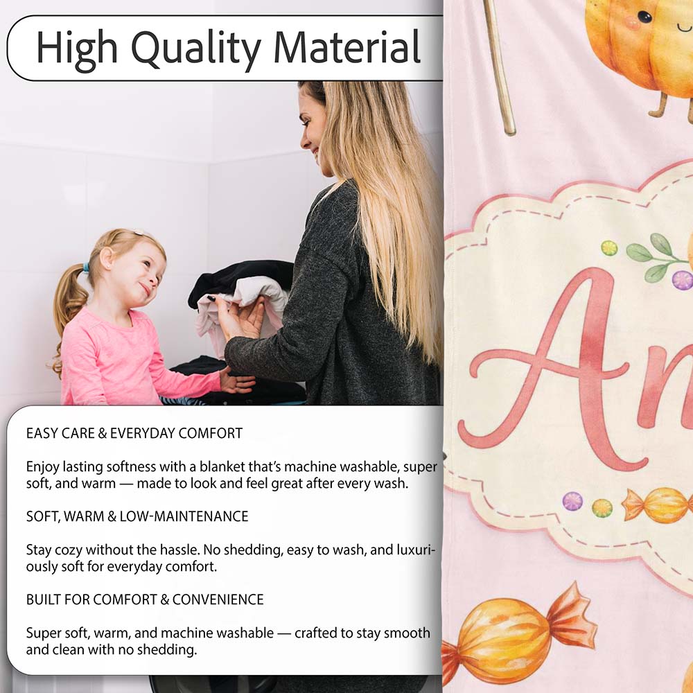 Cute Watercolor Pumpkins and Candy Sweets on Blush Pink Background  Personalised Custom Name Super Soft Fleece Blanket Bed Sofa Throw