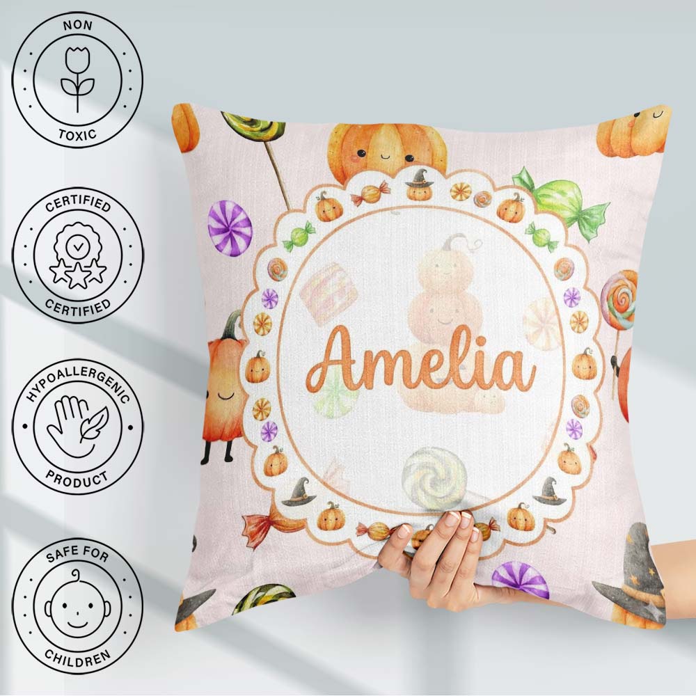 Custom Name Cute Watercolor Pumpkins and Candy Sweets on Neutral Square Filled Cushion Throw Pillow Sofa Bed Home Decor Zip Washable UK Made