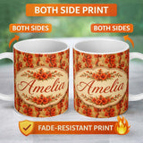 Personalized Custom Name Bold Red Gladiolus Floral Seamless Pattern on Beige Vintage Lovely 11oz Ceramic Coffee Tea Mug White Large Handle
