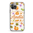 Cute Watercolor Pumpkins and Candy Sweets on Teal Custom Name Protective Phone Case Mobile Cover Durable Everyday Smartphone Shock Resistant