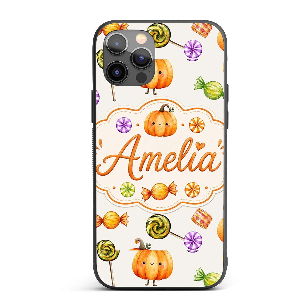 Cute Watercolor Pumpkins and Candy Sweets on Teal Custom Name Protective Phone Case Mobile Cover Durable Everyday Smartphone Shock Resistant