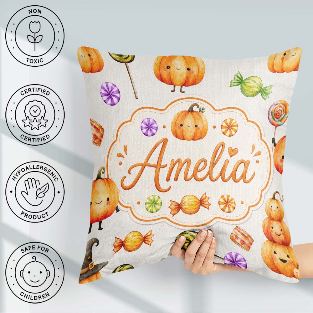 Custom Name Watercolor and Candy Sweets on Teal Green Background Square Filled Cushion Throw Pillow Sofa Bed Home Decor Zip Washable UK Made