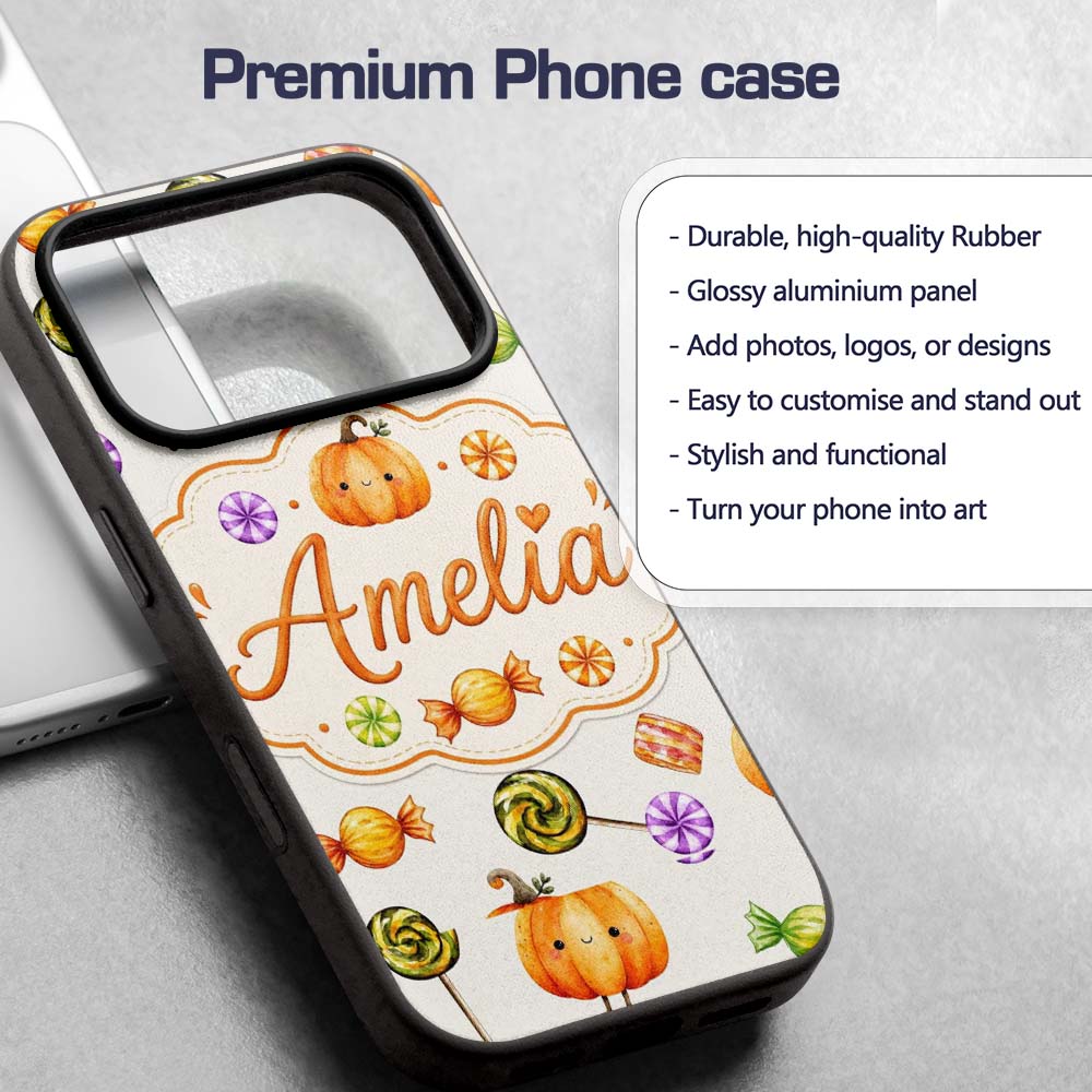 Cute Watercolor Pumpkins and Candy Sweets on Teal Custom Name Protective Phone Case Mobile Cover Durable Everyday Smartphone Shock Resistant